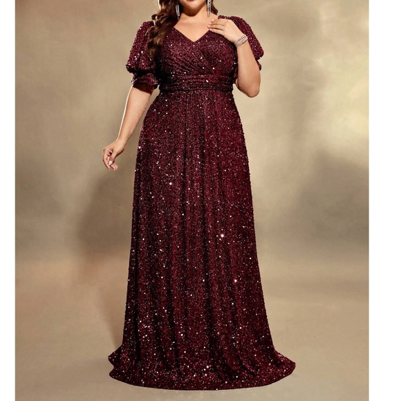 Plus Sequin Puff Sleeve High Waisted Party Formal Wedding Dress - Picture 2 of 9